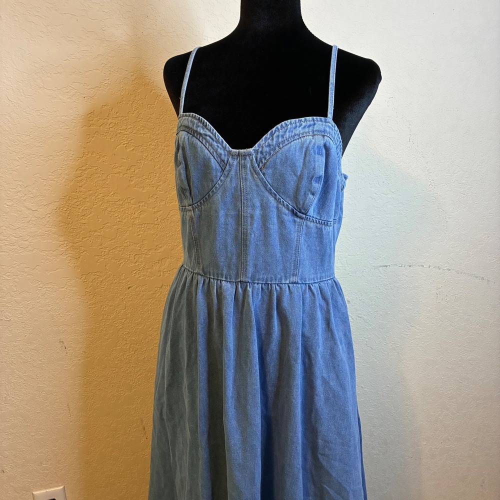 VICI Blue Denim Bustier Midi Dress Medium Pockets Adjustable Straps Sweetheart